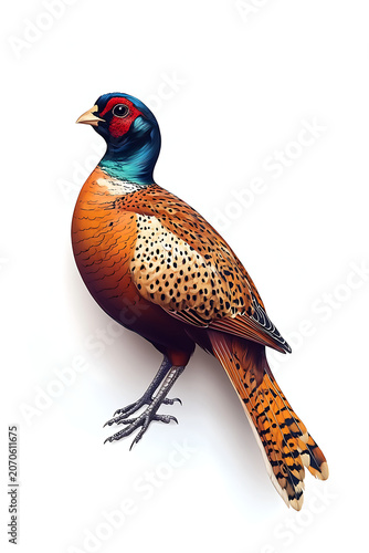 Pheasant Bird Isolated on White Background for T-Shirt Prints, Merchandise and Wildlife Design. High-quality realistic illustration featuring a magnificent pheasant with vibrant plumage