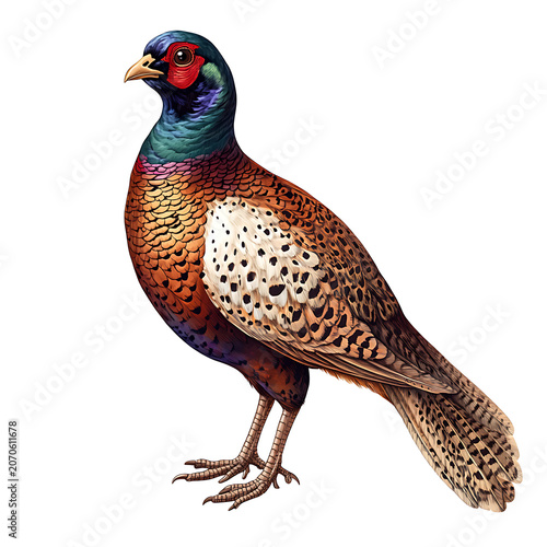 Pheasant Bird Isolated on White Background for T-Shirt Prints, Merchandise and Wildlife Design. High-quality realistic illustration featuring a magnificent pheasant with vibrant plumage
