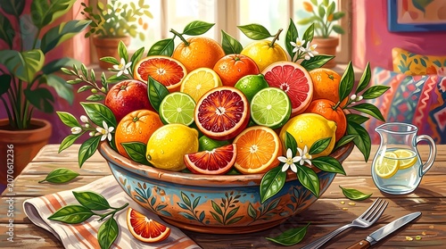 Abundant citrus fruit bowl still life with blossoms and sunlight