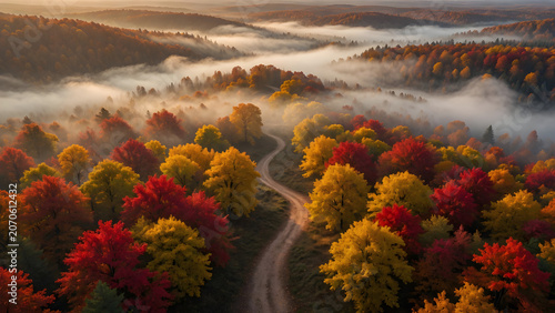 Aerial view of colorful autumn forest with morning fog