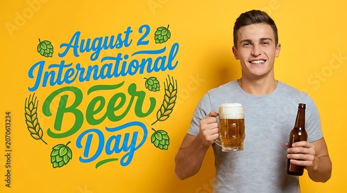 Young man celebrating international beer day with glass and bottle on yellow background celebration international background beverage cheerful portrait refreshment