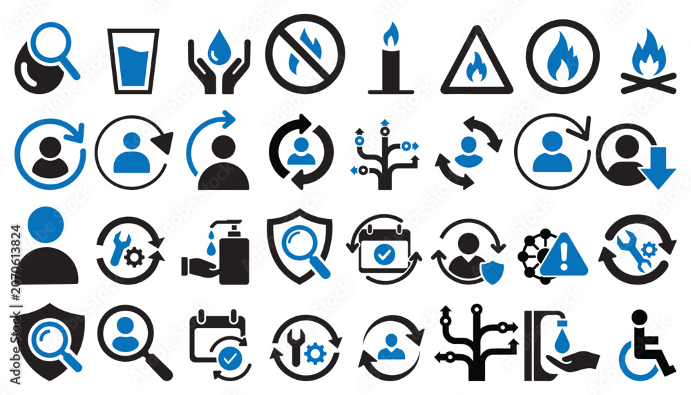 Fototapeta premium Set of UI icons including user management security tools and safety warnings for web design or digital dashboard interface applications with interface