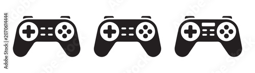 Foto Three modern game controllers for playing video games shown as professional black vector design icons
