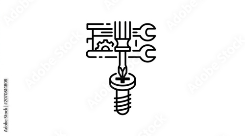 Screwdriver turning screw with wrench and gears in background.