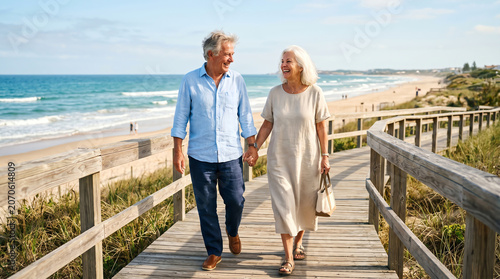 cheerful senior couple holding hands and walking on a wooden boardwalk at the beach