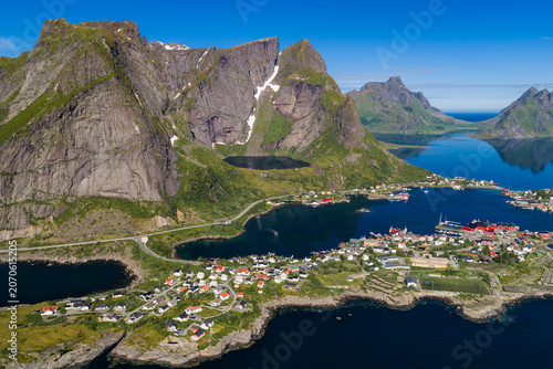 Obraz na płótnie Aerial view of Lofoten village near Reine and Reinebringen, Norway
