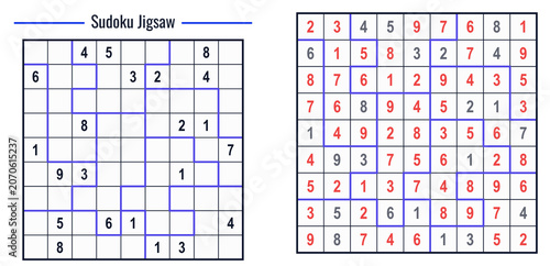 Sudoku Jigsaw puzzle with completed grid and solution layout  