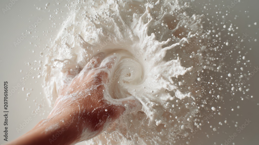 Fototapeta premium foamy milk being whipped, top down perspective, hand partially visible, soft neutral minimal background, hyper realistic canon photo, 8k 