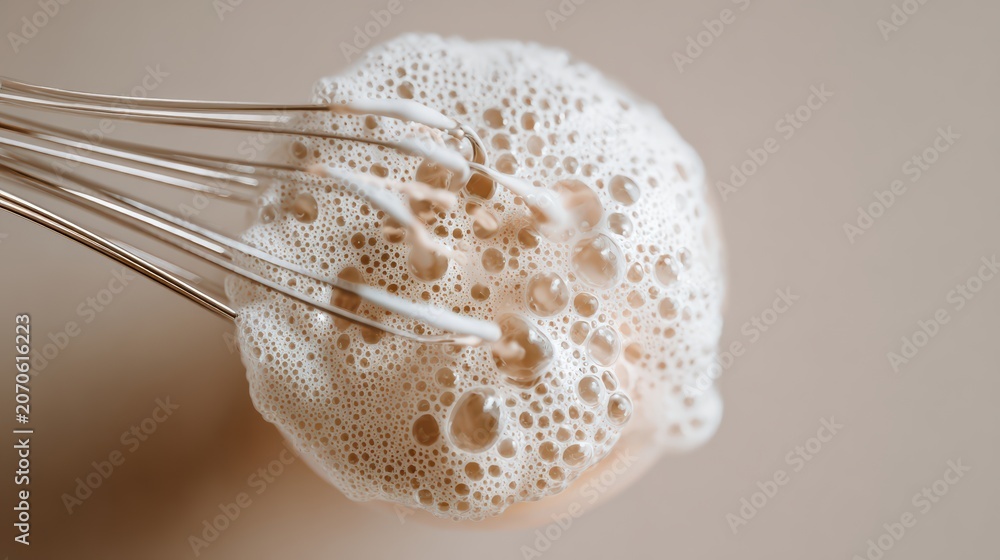 Obraz premium milk frother whisking fresh milk, foamy bubbles forming, top down shot, subtle hand visible, soft neutral background, ultra realistic photography, 8k 