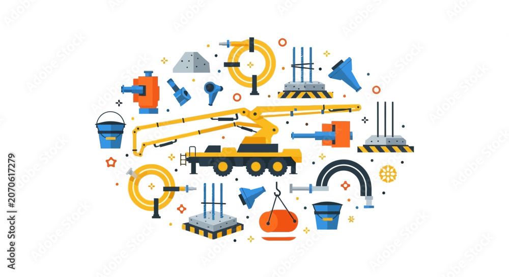 Naklejka premium Concrete Pump Truck and Construction Equipment Flat Vector Illustration. Set of building industry icons, civil engineering tools, and masonry equipment on white background.