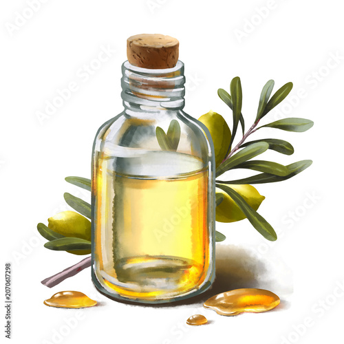 Hand drawn glass bottle with oil and argan branch vith leaves