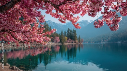 framed view of a blue mountain lake surrounded by rugged peaks, with blooming cherry trees in the foreground creating a vibrant spring landscape 