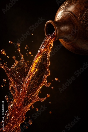Dark amber liquid pouring from a flagon in a dynamic splash.