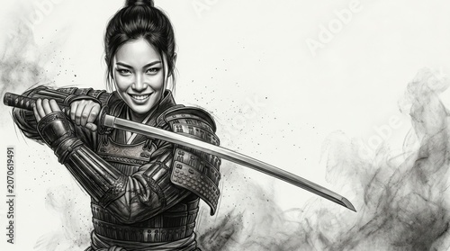 Woman holding a sharp katana sword in a dramatic black and white artistic style
