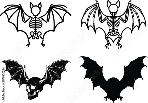 Black and white skeletal bat with wings vector illustration