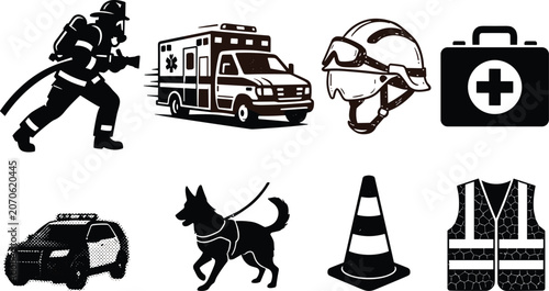 Fotografía Black Silhouettes of Emergency Services Vehicles Equipment and Safety Tools Vect