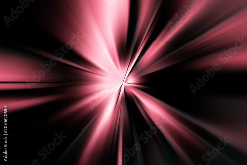 Abstract radial zoom blur in pink and magenta tones on a dark background, creating a sharp luminous burst with fast converging lines and a vivid sense of accelerating motion.