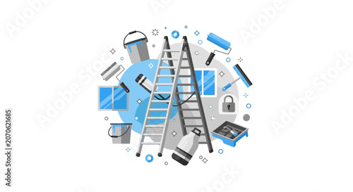 Home Renovation and Painting Service Concept Illustration with Tools like Ladder, Paint Rollers, and Buckets