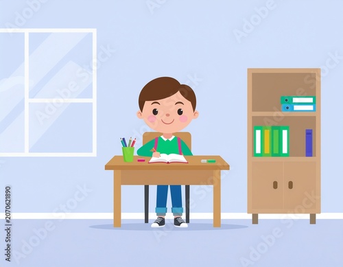 Cute Young Student Boy Studying Sitting at a Wooden Desk in a Bright Classroom Environment for Academic Learning Concepts