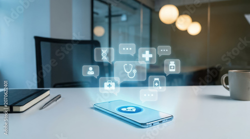 A smartphone on a desk medical icons floating above the screen in a modern office setting a computer coffee