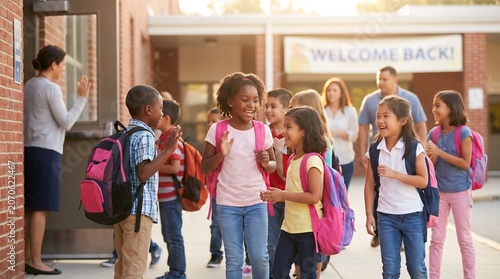 Diverse group of happy elementary school children wearing colorful backpacks walking together outdoors while laughing and waving to their teacher on the first day of the new academic school year