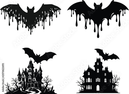 Black bats flying over haunted gothic houses with trees