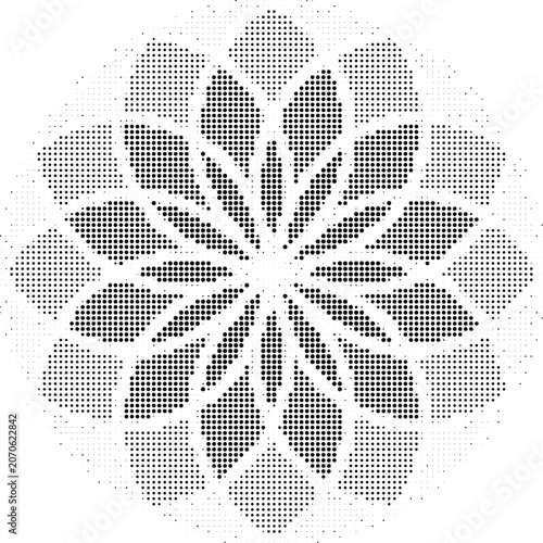 Abstract halftone floral mandala pattern with intricate petal designs and a radial symmetry on a transparent grid.