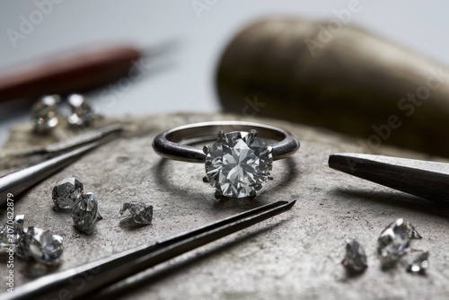 Diamond engagement ring on jeweler's workbench with tools