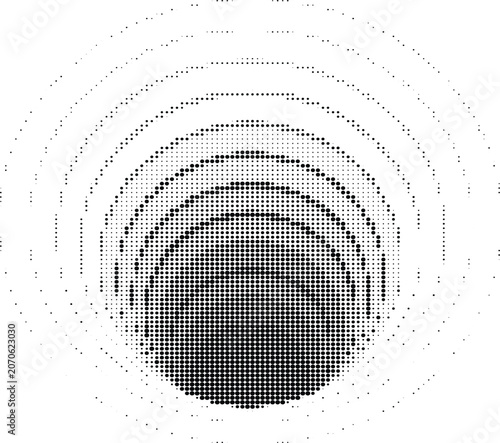 Abstract halftone sphere pattern made with black dots on transparent background for creative modern graphic design layouts.