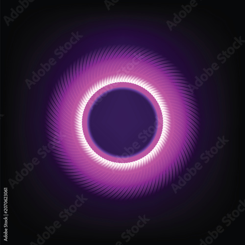 Abstract neon purple circle with radial light rays, glowing vortex effect, futuristic digital art design element on a dark background