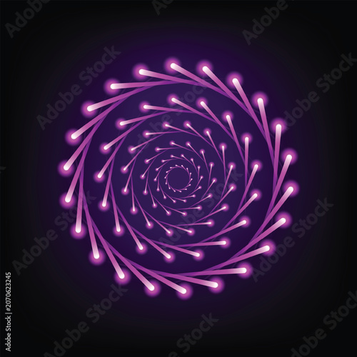 Abstract neon purple spiral pattern, glowing light trails forming a circular vortex, futuristic digital background design element