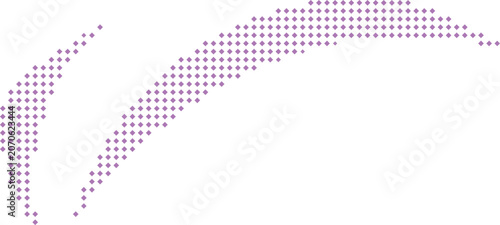Abstract halftone wave pattern consisting of purple dotted geometric shapes arranged in dynamic flow on transparent backdrop.
