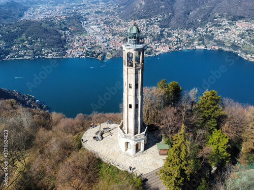 Aerial view of the Volta Lighthouse in Brunate, in a panoramic position above Lake Como.