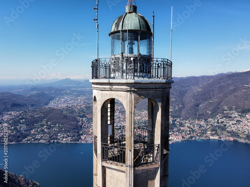 Aerial view of the Volta Lighthouse in Brunate, in a panoramic position above Lake Como.