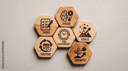 Wooden hexagonal tiles with icons and text representing productivity concepts like time management, focus, goals, tasks, routine, and growth on a neutral background