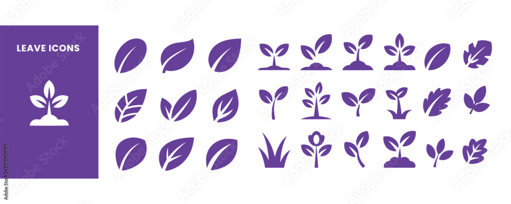 Obraz premium Leaf Sprout Icon Set Vector Plant Growth Nature Symbol Collection Flat Graphic