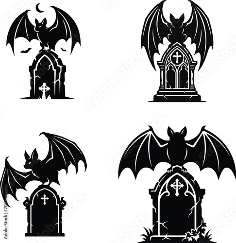 Black bat perched on gothic tombstone graveyard illustration