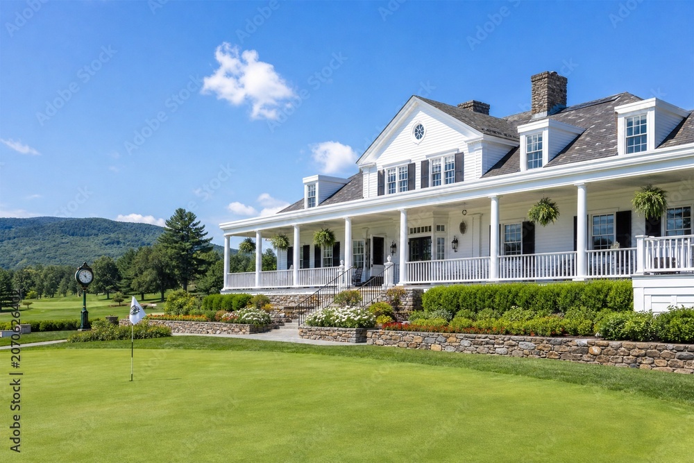 Fototapeta premium Pristine white wooden clubhouse beside manicured green golf course.