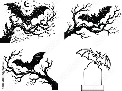 Black bat perched on tree branches with moon and stars background