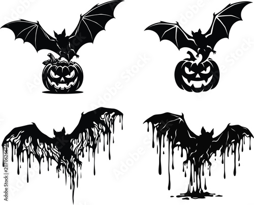 Black bat flying above jack o lantern with dripping blood effect
