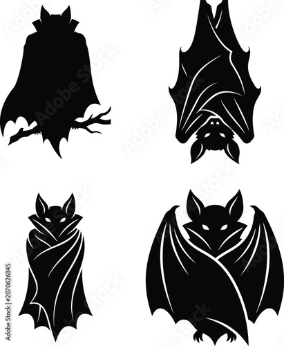Black bat silhouettes in flying and hanging poses