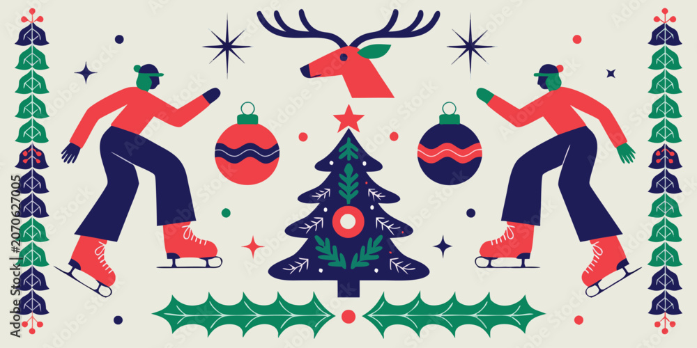 Fototapeta premium Modern flat style christmas illustration with ice skaters and reindeer head.