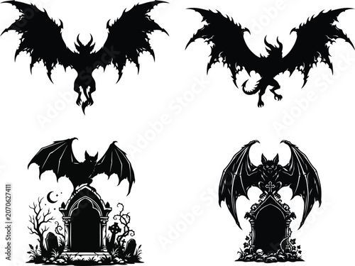 Black bat wings with gothic castle illustration