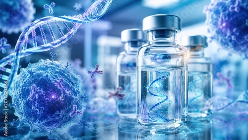 Advanced vaccine vial surrounded by DNA helix and cellular structures, biotechnology research, genetic medicine, healthcare innovation