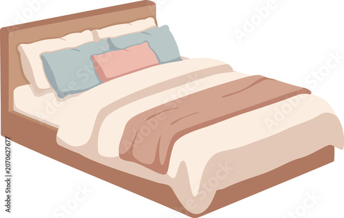 Cute Cozy Bed Illustration, Cartoon Pastel Double Bed with Pillows and Blanket, Minimalist Bedroom Furniture Isolated for Home Decor and Comfort Design