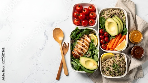Overhead flat lay of colorful healthy breakfast bowl with fresh fruits and granola