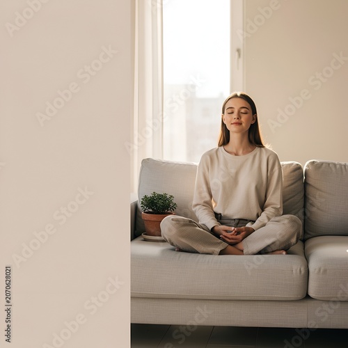 Young woman practicing yoga meditation at sunrise on peaceful mountain landscape