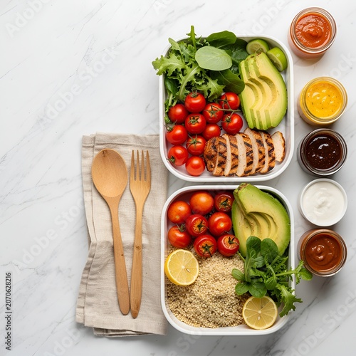 Overhead flat lay of colorful healthy breakfast bowl with fresh fruits and granola