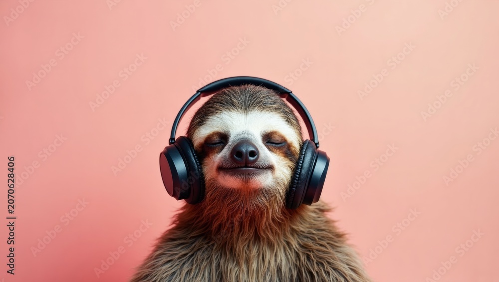 Fototapeta premium Sloth wearing black headphones against a pink background, showcasing a relaxed expression with fur texture clearly visible, emphasizing a playful and whimsical aesthetic
