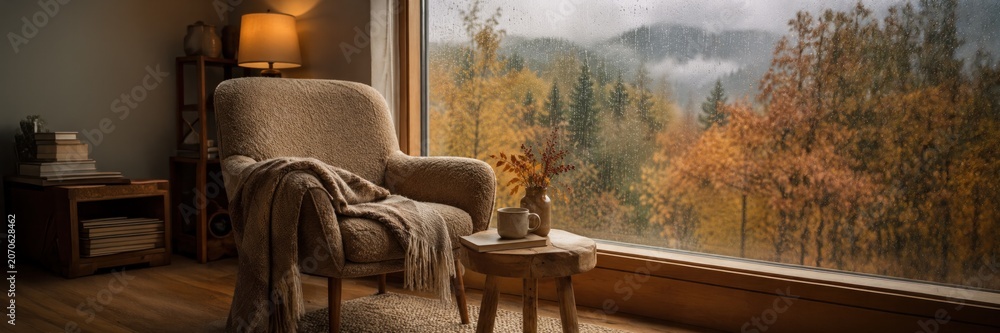 Fototapeta premium Cozy armchair with blanket beside large window overlooking autumn forest and mountains, hygge lifestyle, home comfort